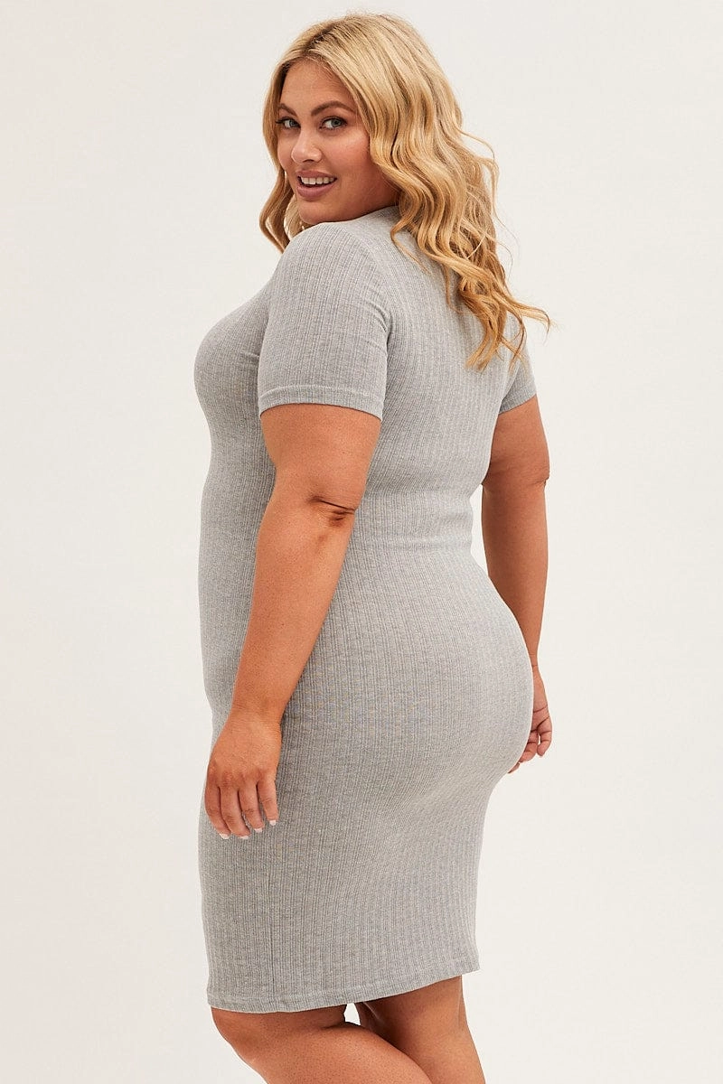 Grey Midi Dress Short Sleeve Rib Jersey Bodycon Casual Lines BreathableFabric