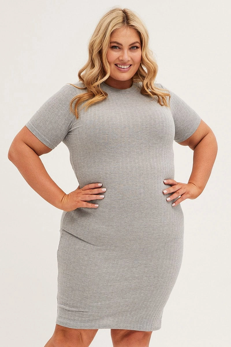 Breathable wear Grey Midi Dress Short Sleeve Rib Jersey Bodycon