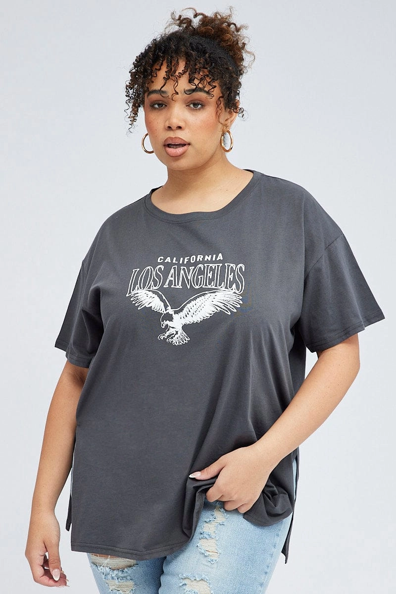 Halloween Grey Oversized Eagle Tee Side Split Round Neck