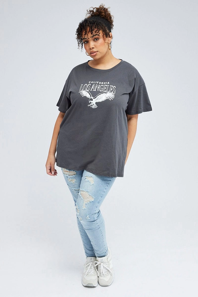 Casual Look Grey Oversized Eagle Tee Side Split Round Neck