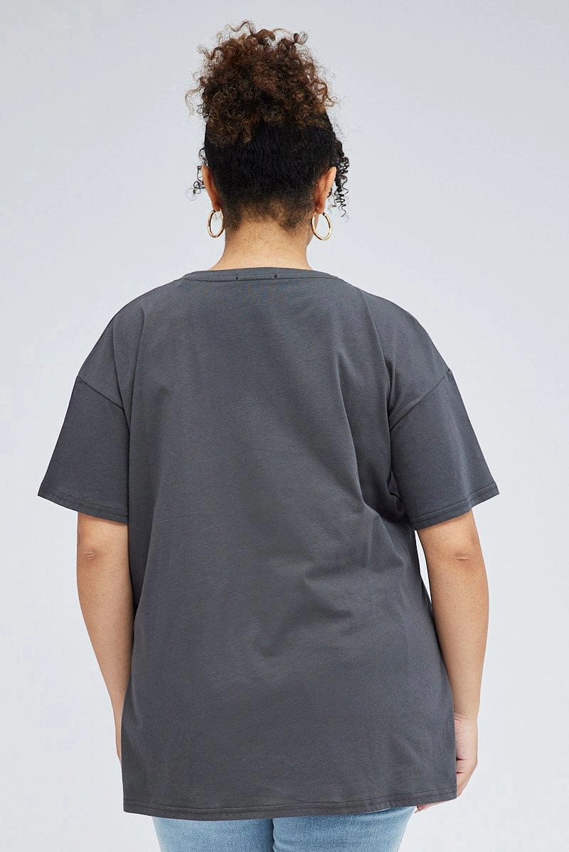 Grey Oversized Eagle Tee Side Split Round Neck MultiPly Fabric