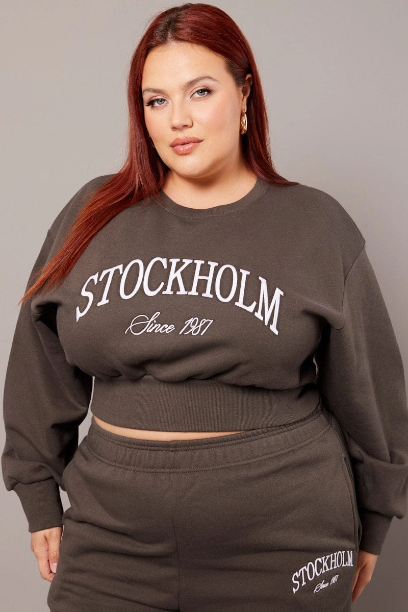 Daily Fit Grey Oversized Sweater Long Sleeve Crew Neck Crop