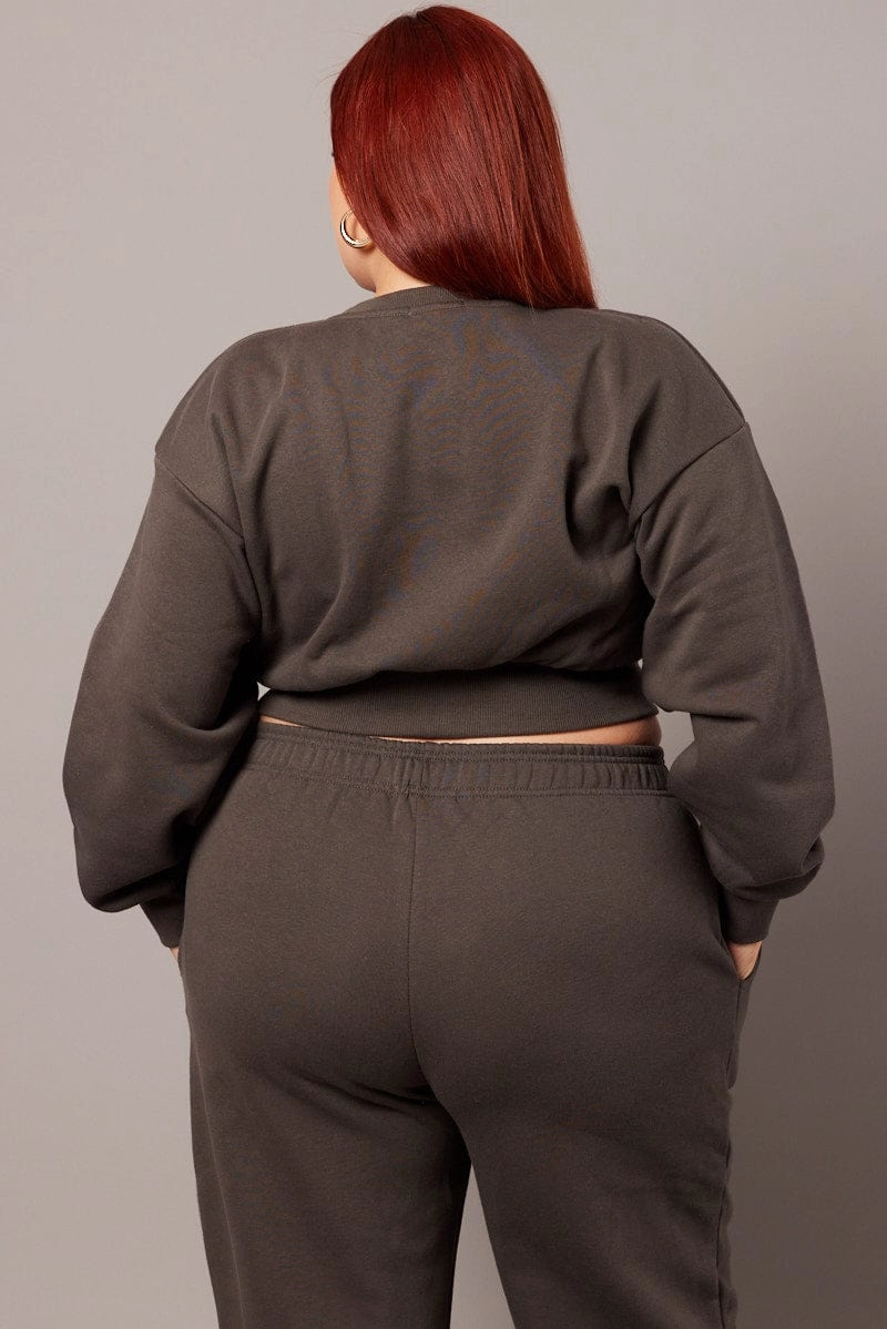 Machine washable Grey Oversized Sweater Long Sleeve Crew Neck Crop