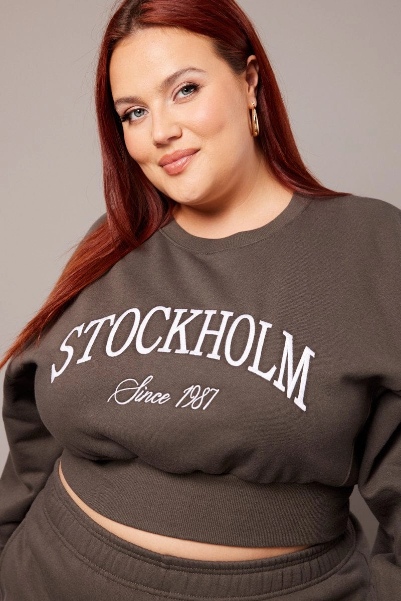 Grey Oversized Sweater Long Sleeve Crew Neck Crop product value for money