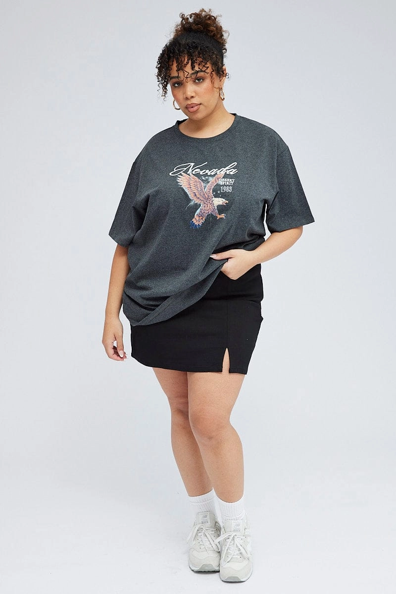 Grey Oversized T-shirt Nevada Eagle Graphic Print Lightweight Comfort
