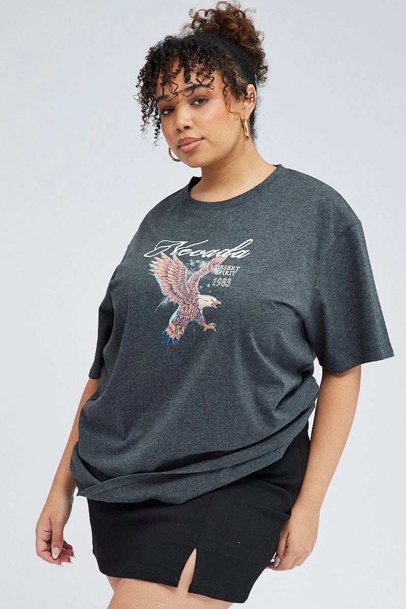 Grey Oversized T-shirt Nevada Eagle Graphic Print Slim Fit Wear Chic Design