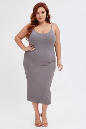 Sage Detail single wear Grey Rib Jersey Midi Dress Tie Waist