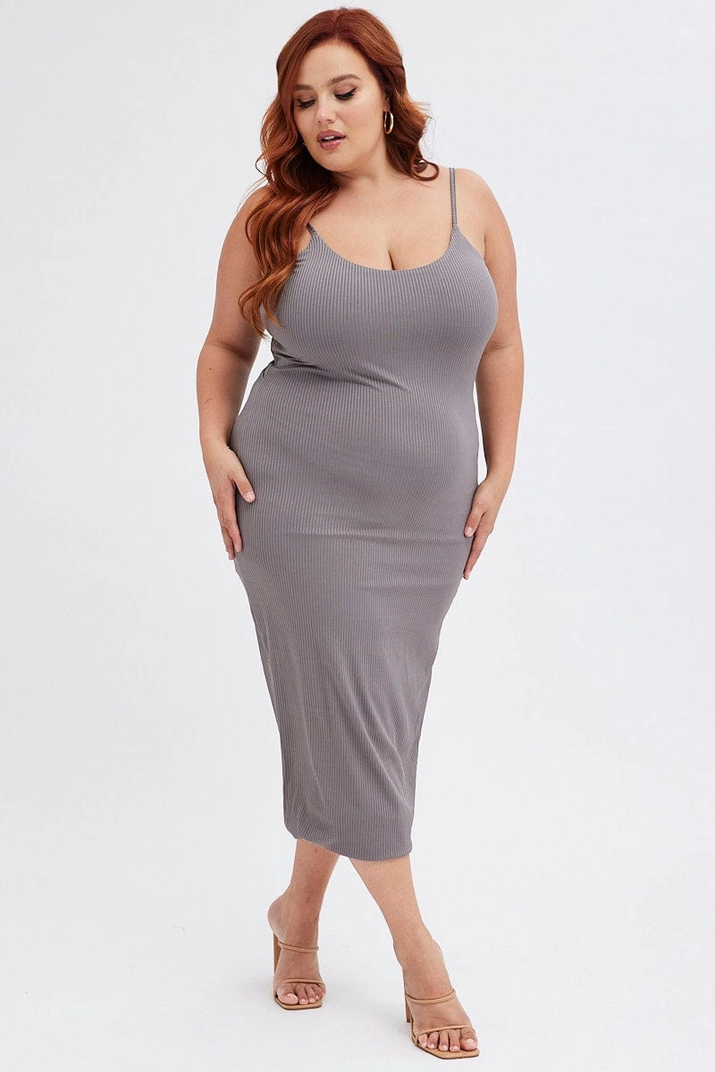 Grey Rib Jersey Midi Dress Tie Waist Trendy Vibe Silky Drape