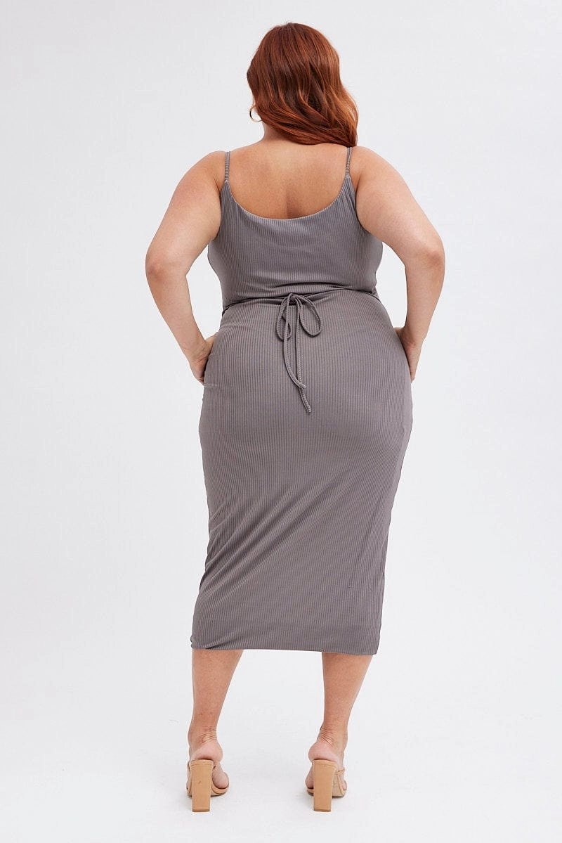 Grey Rib Jersey Midi Dress Tie Waist Smooth Shape Contrast-Lining