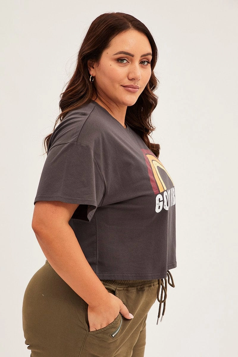 All-Day Wear Urban Trend Look Grey Short Sleeve Crop Good Vibes Cotton T-shirt