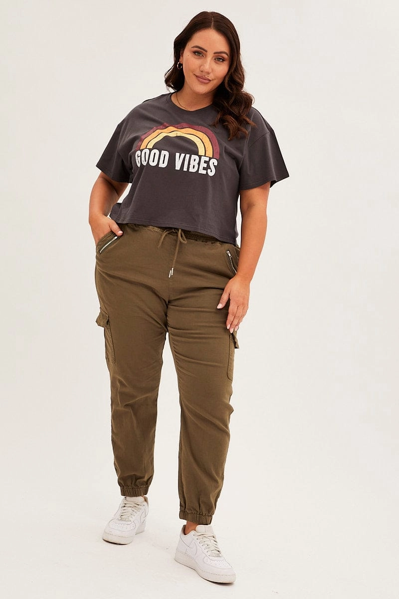 Stretch Fit shopping Grey Short Sleeve Crop Good Vibes Cotton T-shirt