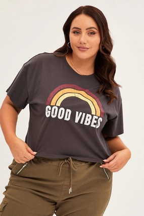 Grey Short Sleeve Crop Good Vibes Cotton T-shirt Vibrant Colors