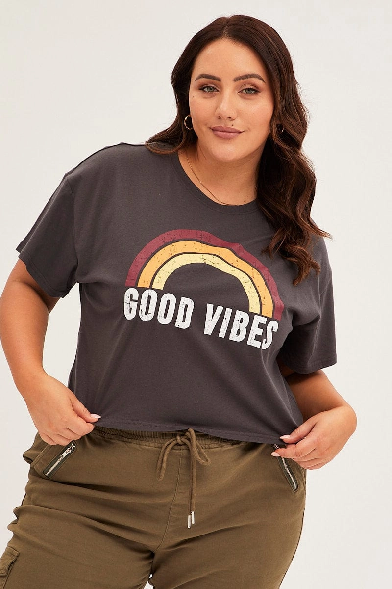 Grey Short Sleeve Crop Good Vibes Cotton T-shirt Vibrant Colors