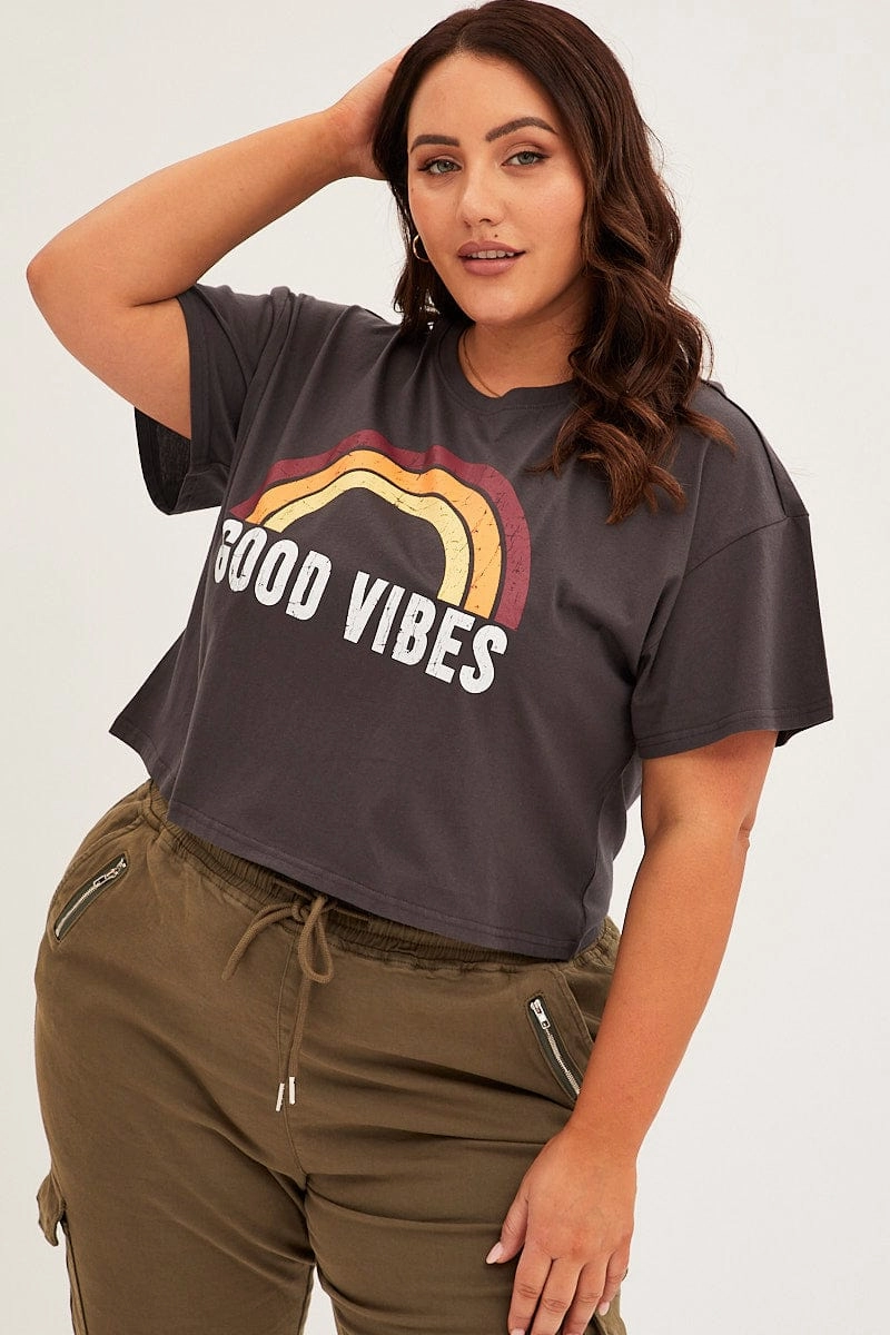 Grey Short Sleeve Crop Good Vibes Cotton T-shirt Date night