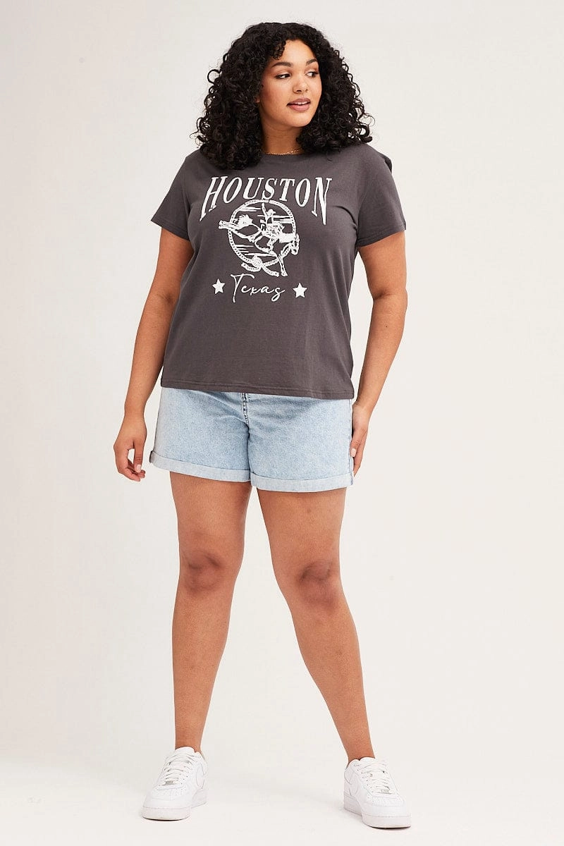Grey Short Sleeve Regular Houston T-shirt Self Fabric Tape Everyday Wearable