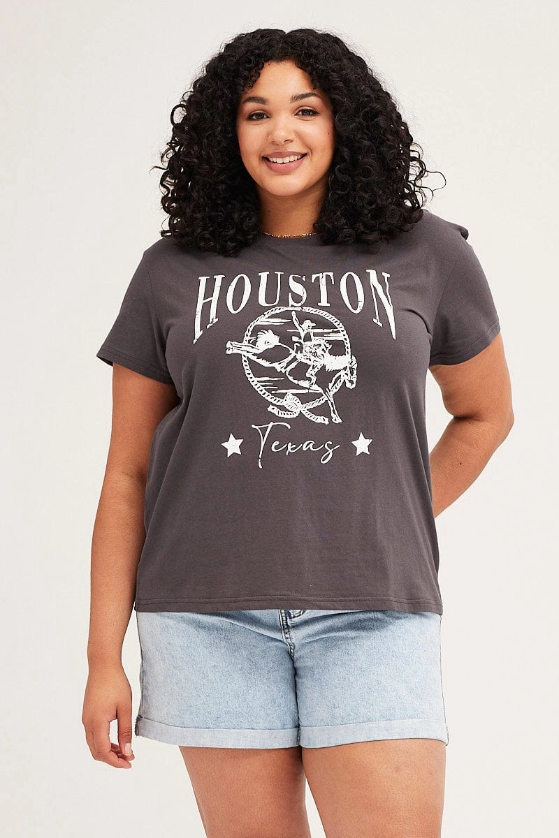 Grey Short Sleeve Regular Houston T-shirt Vintage Style Fashionable Look