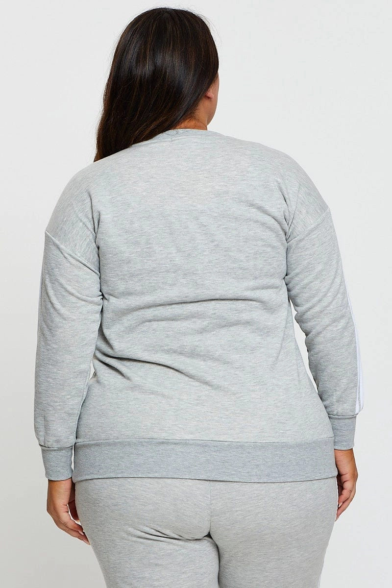 Retro Print Grey Sleeve Sweatshirt Stripe Sleeve Detail Long