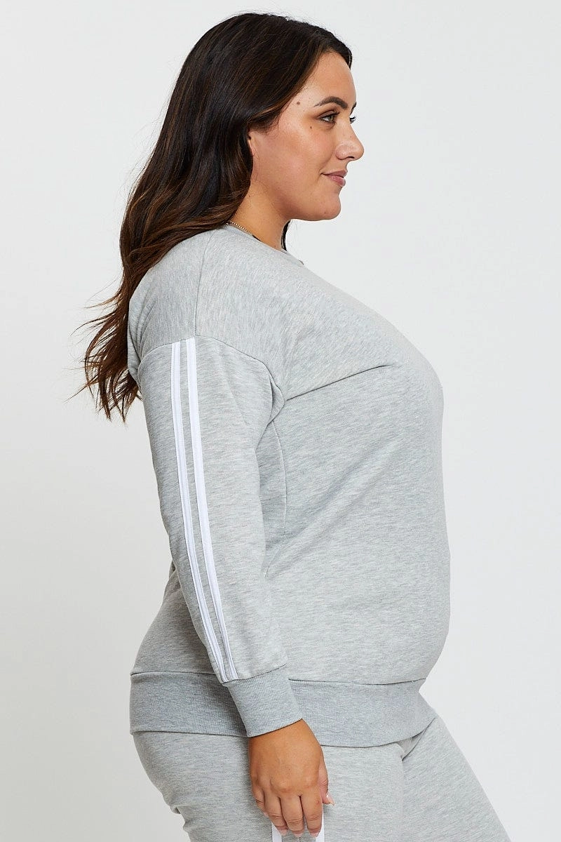 Grey Sleeve Sweatshirt Stripe Sleeve Detail Long Holiday Wear