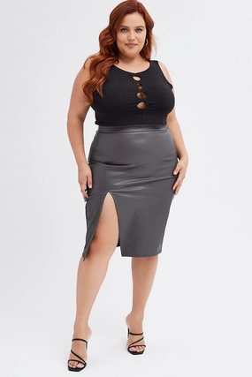 Grey Split Skirt Midi Faux Leather Wrap Closure Non Restrictive Fit