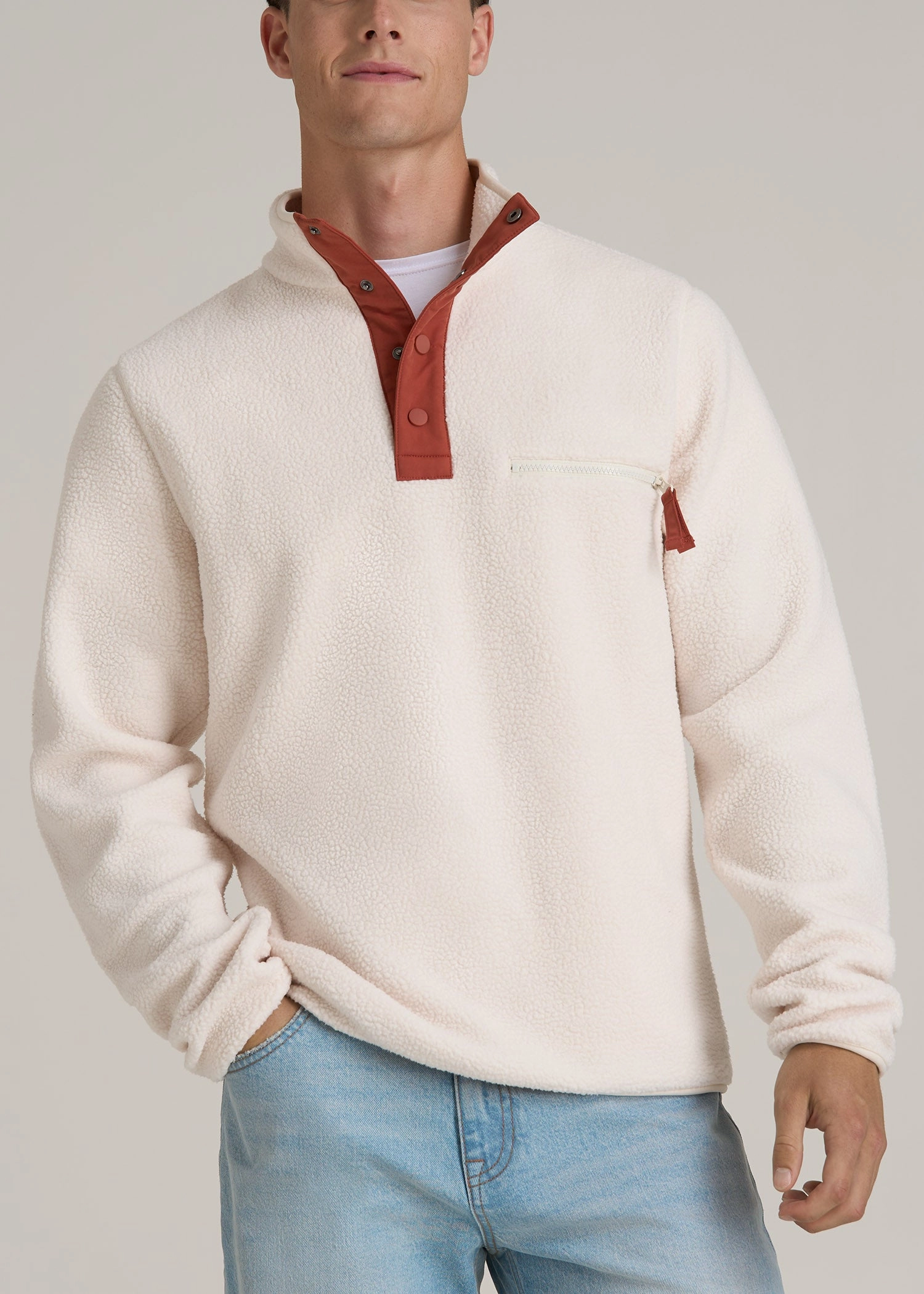 old people Outdoor Hoodie Half Snap Tall Men's Sherpa Sweatshirt in Natural