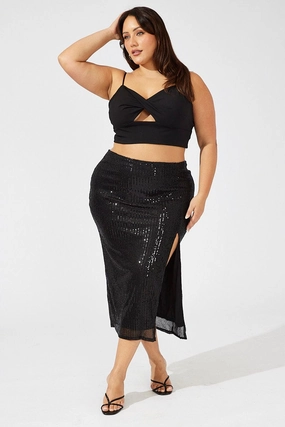 Black Long Sequin Split Skirt Flexible Comfort