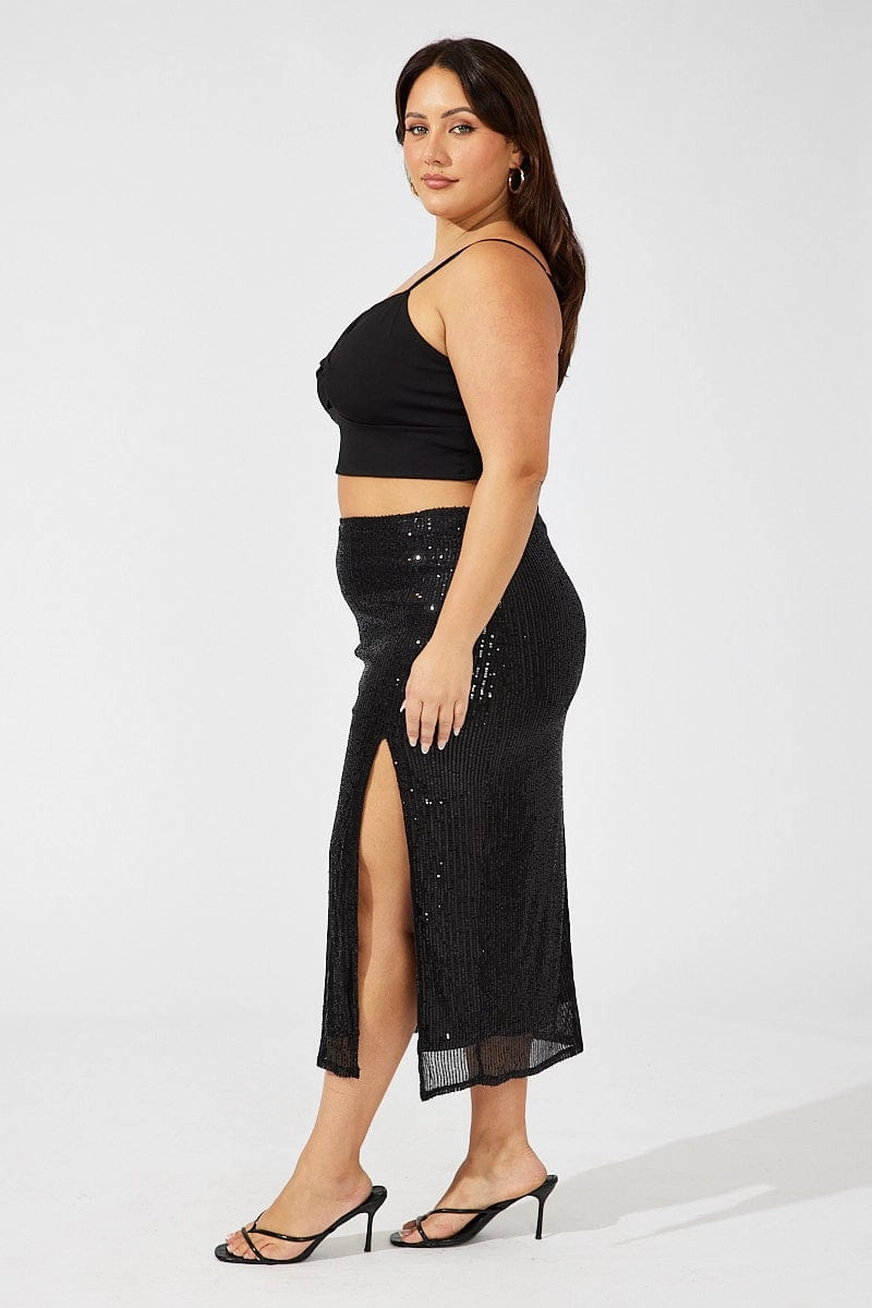 Contrast Stitching Multi Purpose Fabric Black Long Sequin Split Skirt