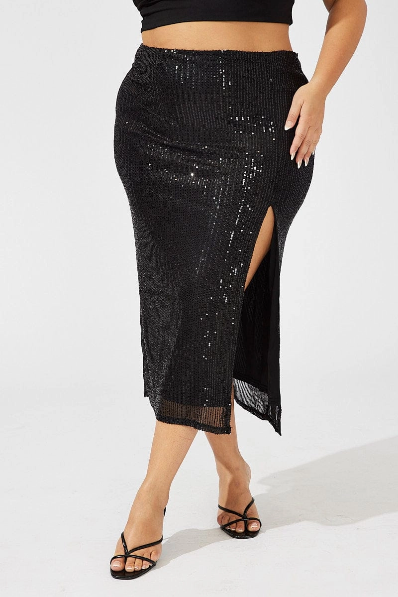 Black Long Sequin Split Skirt Elegant Look