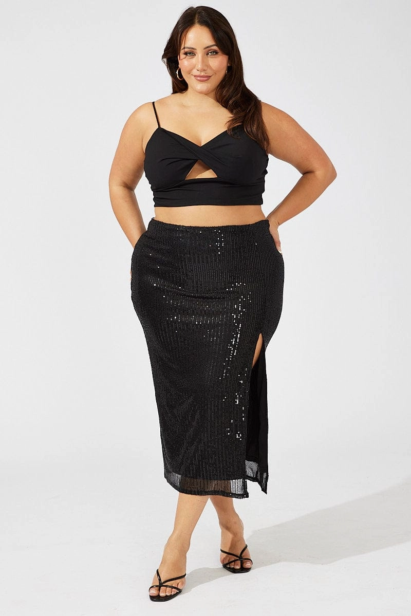 Soft Movement Outfit Flow Black Long Sequin Split Skirt