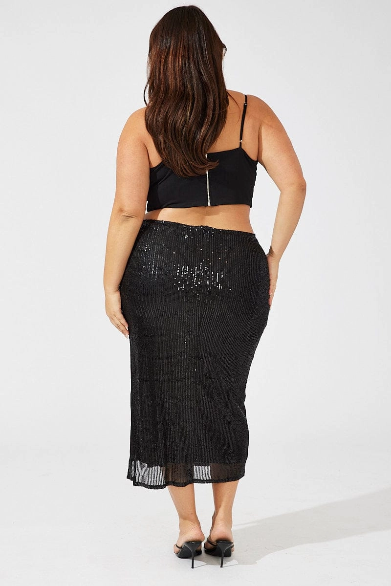 Opaque Lining Black Long Sequin Split Skirt
