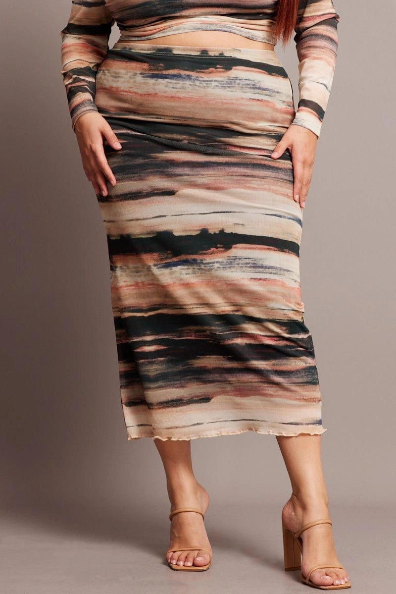 Travel Influence Matching Belt Multi Abstract Mesh Bodycon Landscape Skirt