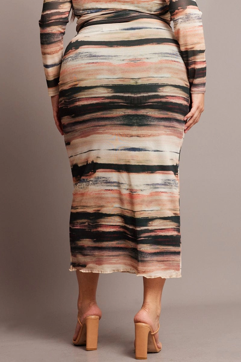 Sequined Finish Multi Abstract Mesh Bodycon Landscape Skirt