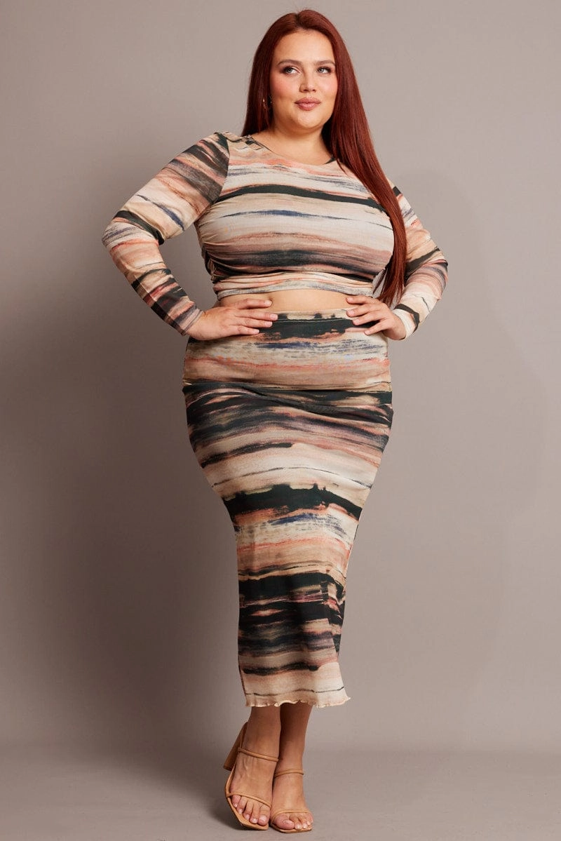 Layered Hem Smooth Edging Multi Abstract Mesh Bodycon Landscape Skirt