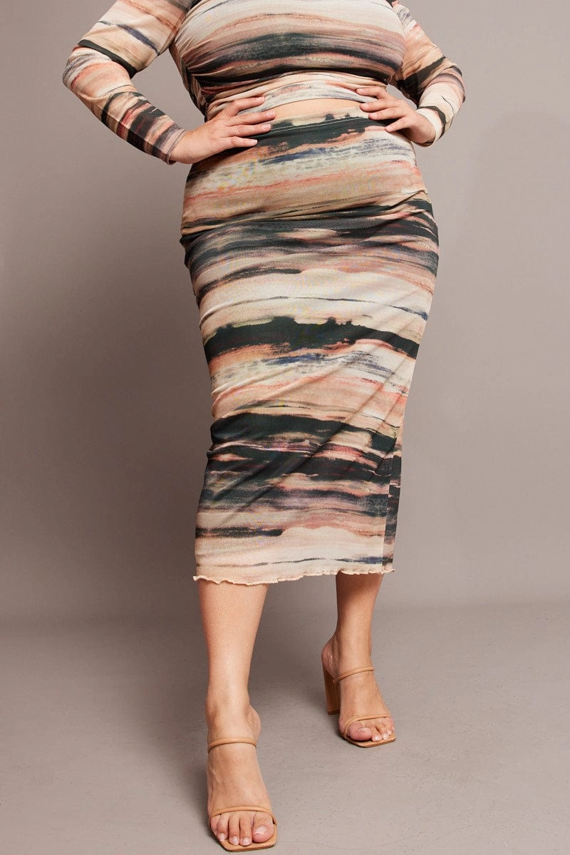 Multi Abstract Mesh Bodycon Landscape Skirt High Rise