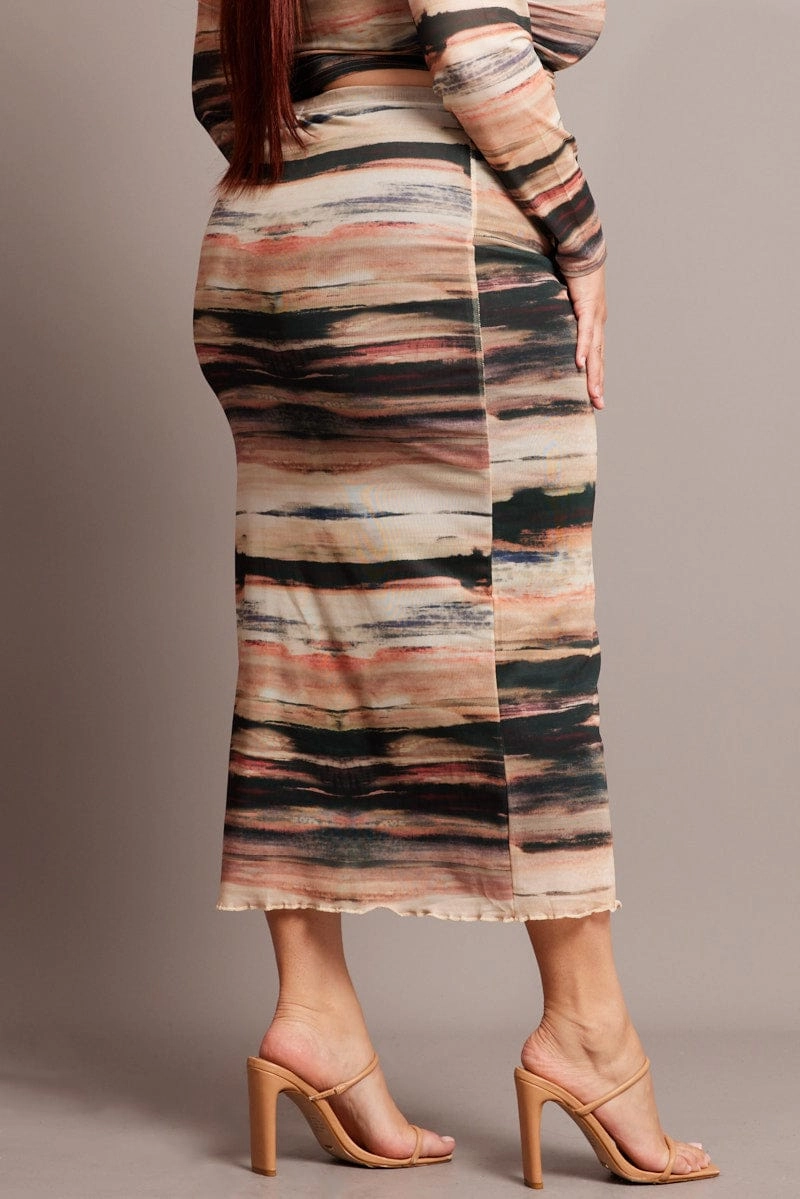 Summer Outfit City Mood Multi Abstract Mesh Bodycon Landscape Skirt