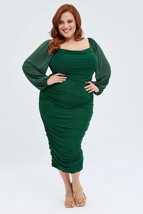 Green Bodycon Dress Mesh Balloon Sleeve Ruched Midi Quick Drying