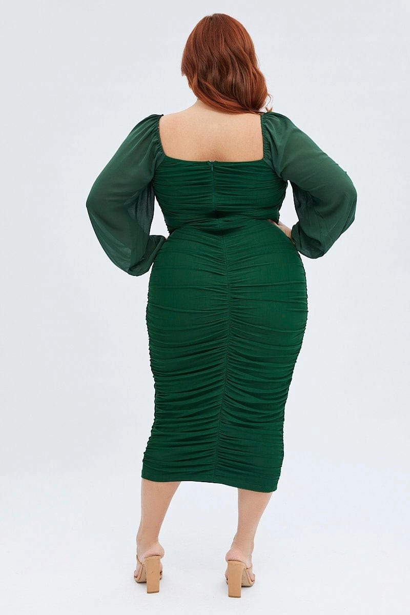 Green Bodycon Dress Mesh Balloon Sleeve Ruched Midi Effortless Pair
