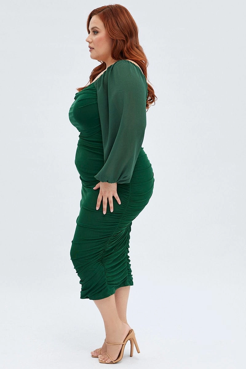 Office Cool Green Bodycon Dress Mesh Balloon Sleeve Ruched Midi