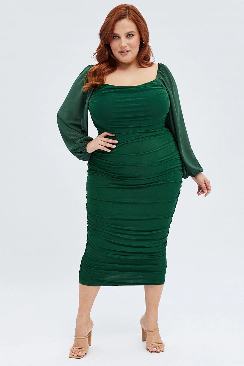 Street Flex Green Bodycon Dress Mesh Balloon Sleeve Ruched Midi