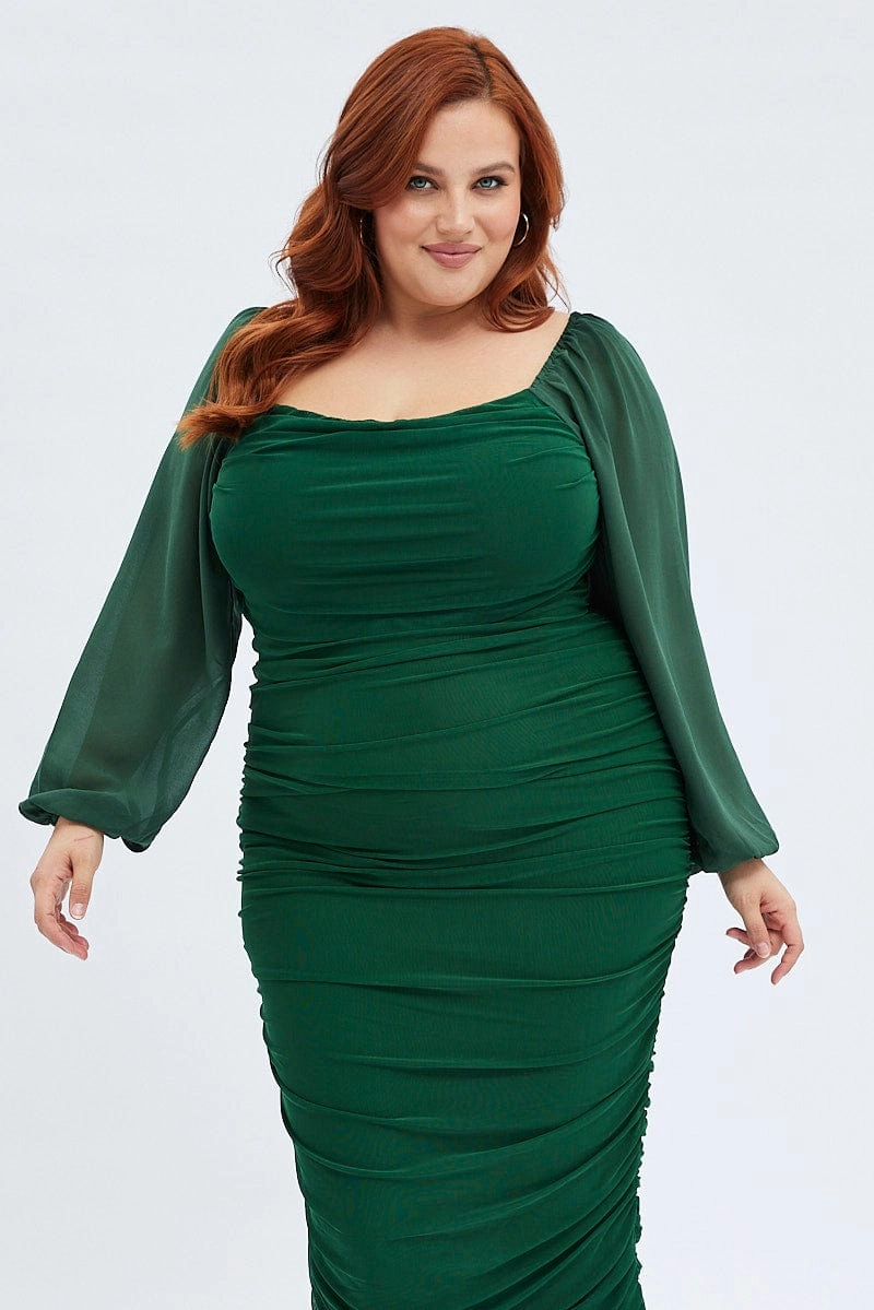 Lounge Outfit Green Bodycon Dress Mesh Balloon Sleeve Ruched Midi
