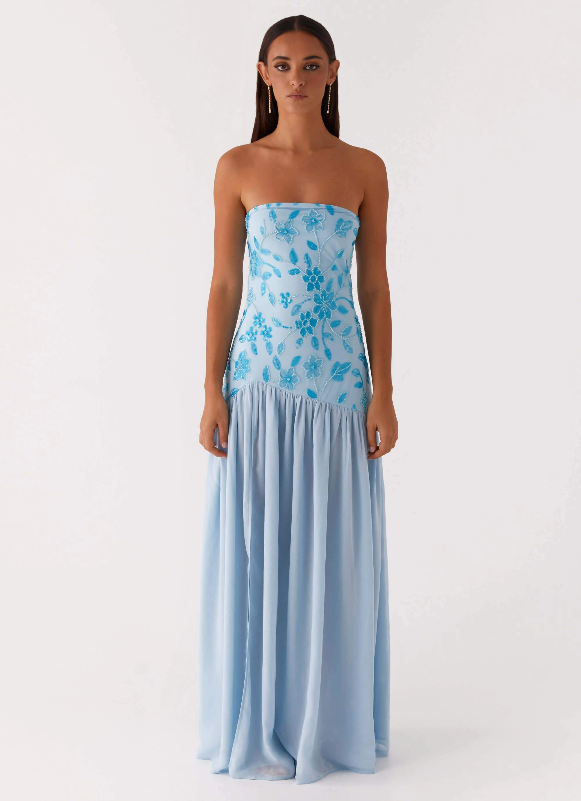 Eden Strapless Beaded Maxi Dress - Blue Feminine Structure