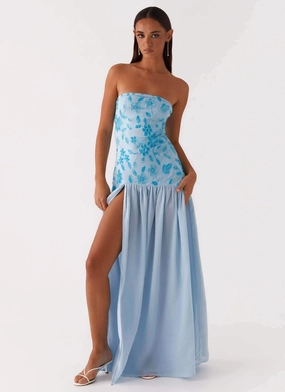 Odor-Control Draped Silhouette Eden Strapless Beaded Maxi Dress - Blue