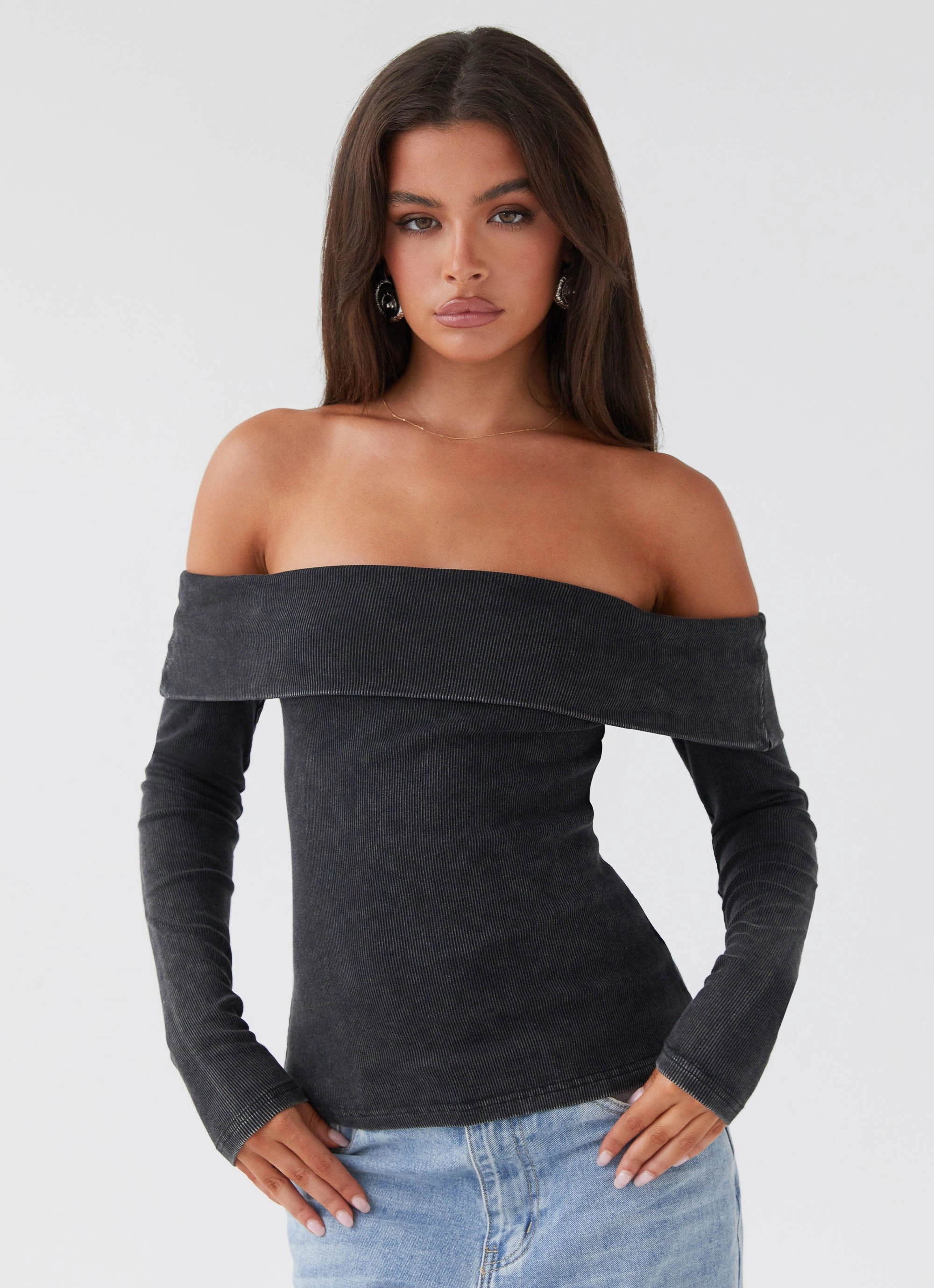 Hayley Long Sleeve Ribbed Top - Charcoal Acid Wash Forest trail