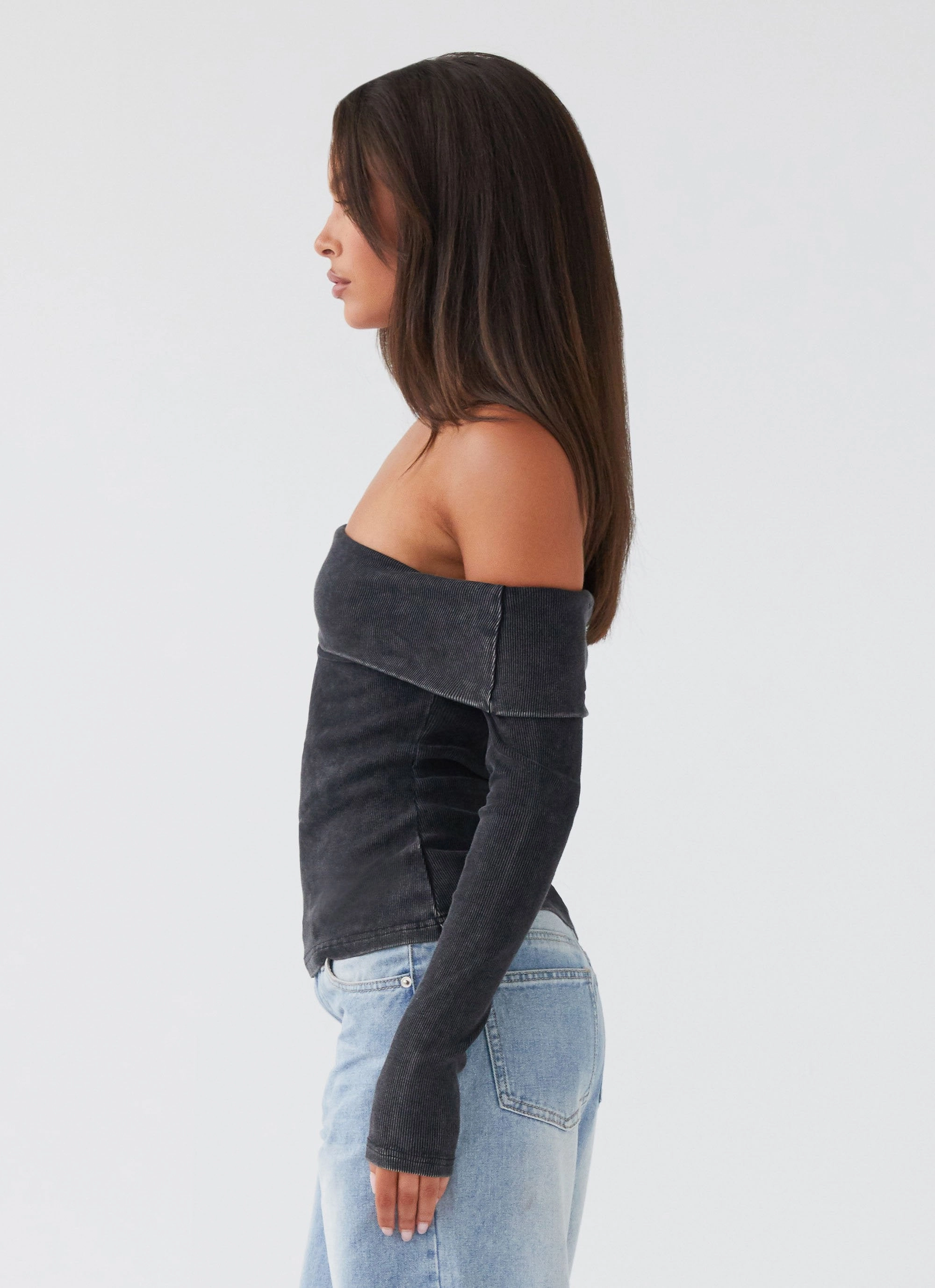Loungewear Wrinkle prone Hayley Long Sleeve Ribbed Top - Charcoal Acid Wash