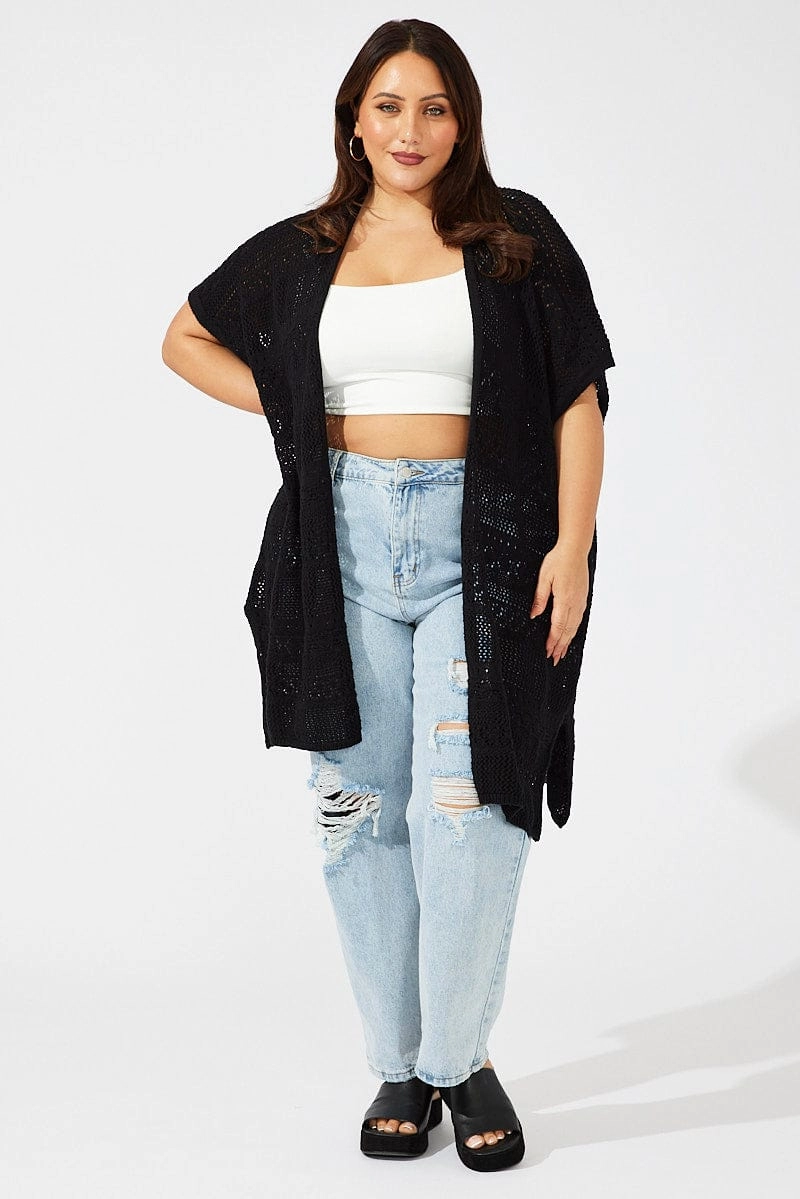 Black Crochet Longline Cardigan DoubleLayeredCuffs