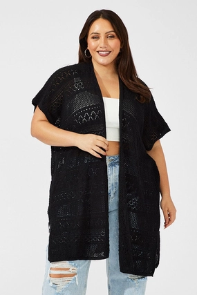 Black Crochet Longline Cardigan Tailored Silhouette WeatherproofZipper