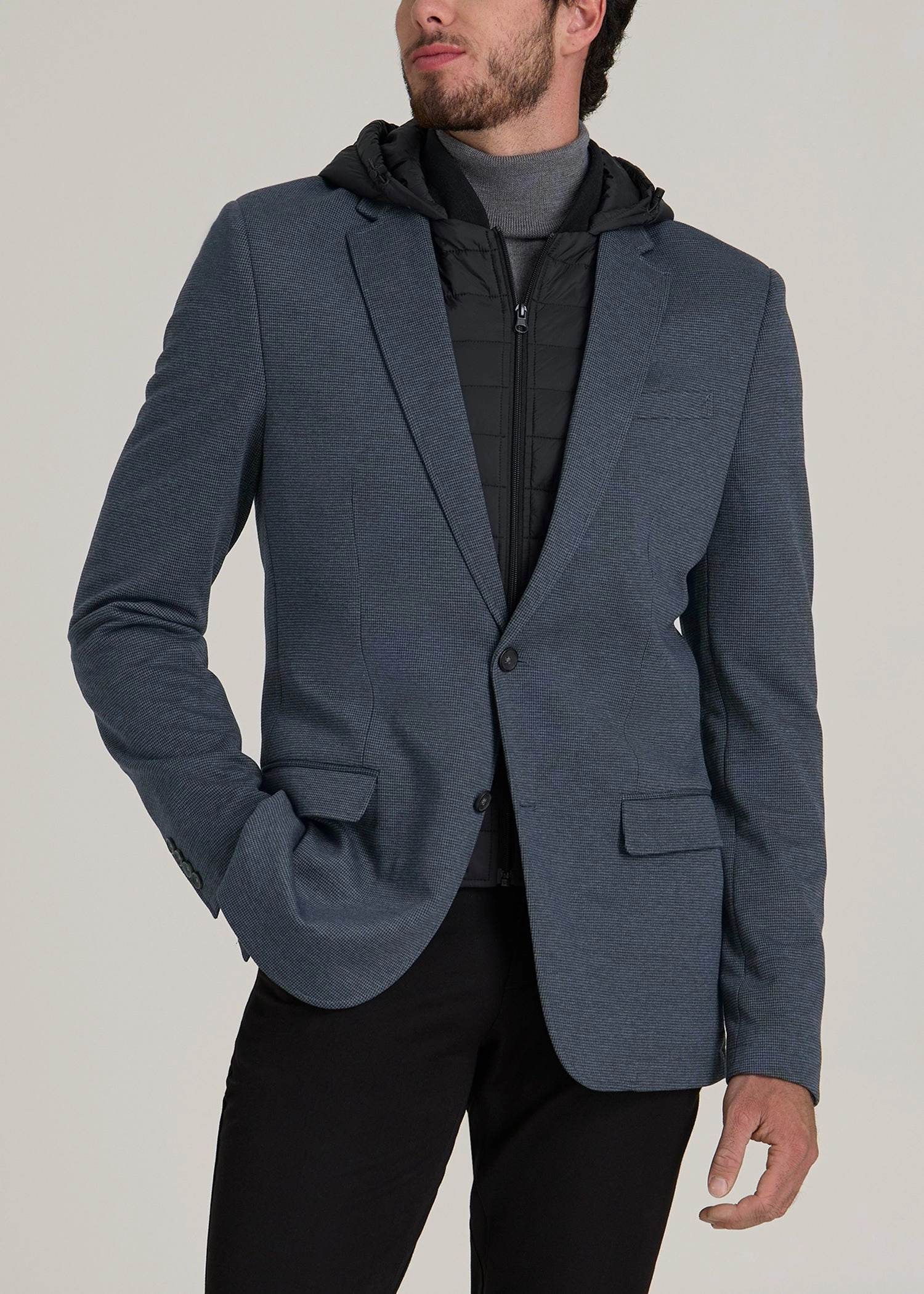 Hooded Bib Blazer for Tall Men in Black and Grey Houndstooth Minimal Detail