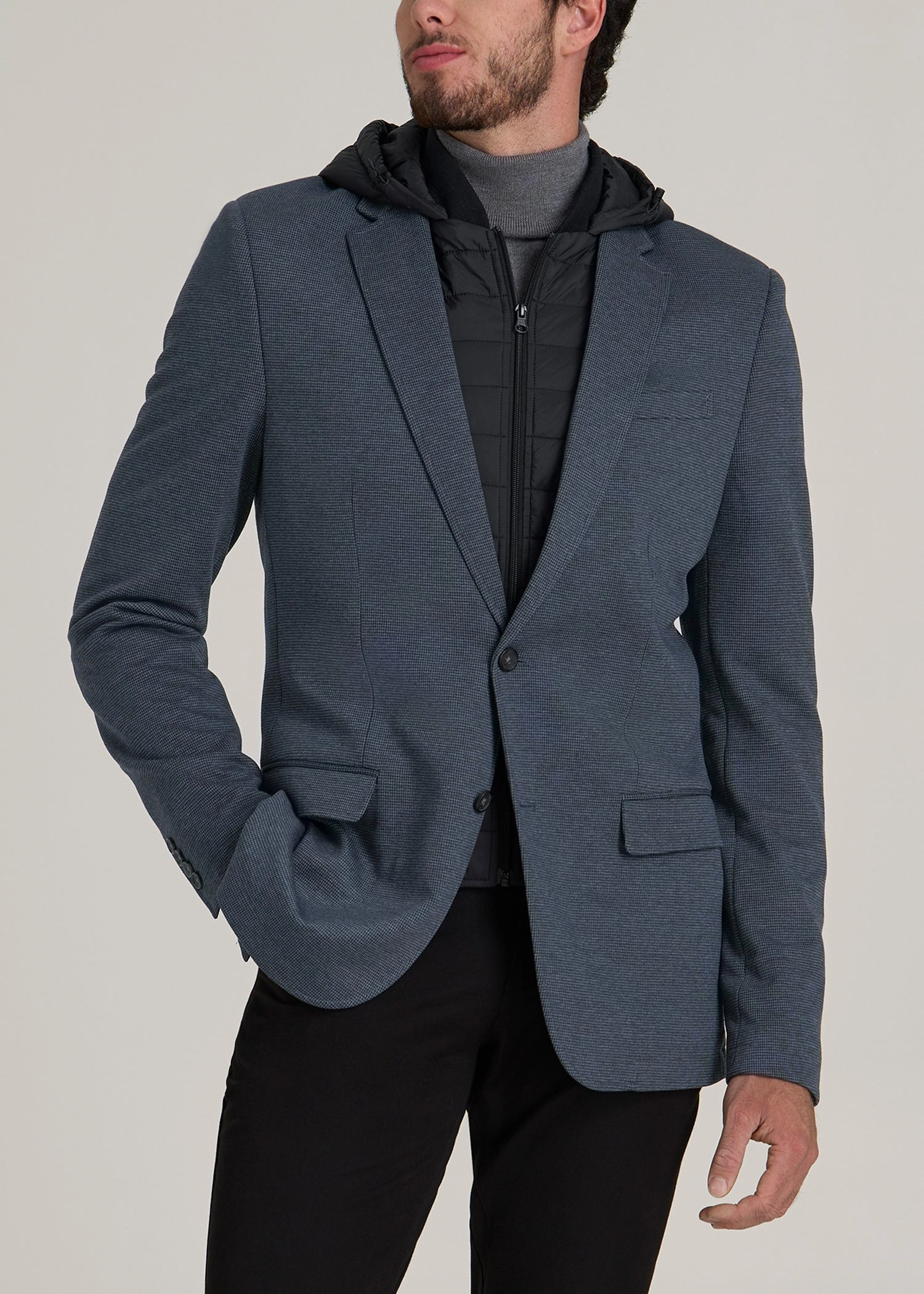 Windproof Cuffs Hooded Bib Blazer for Tall Men in Black and Grey Houndstooth