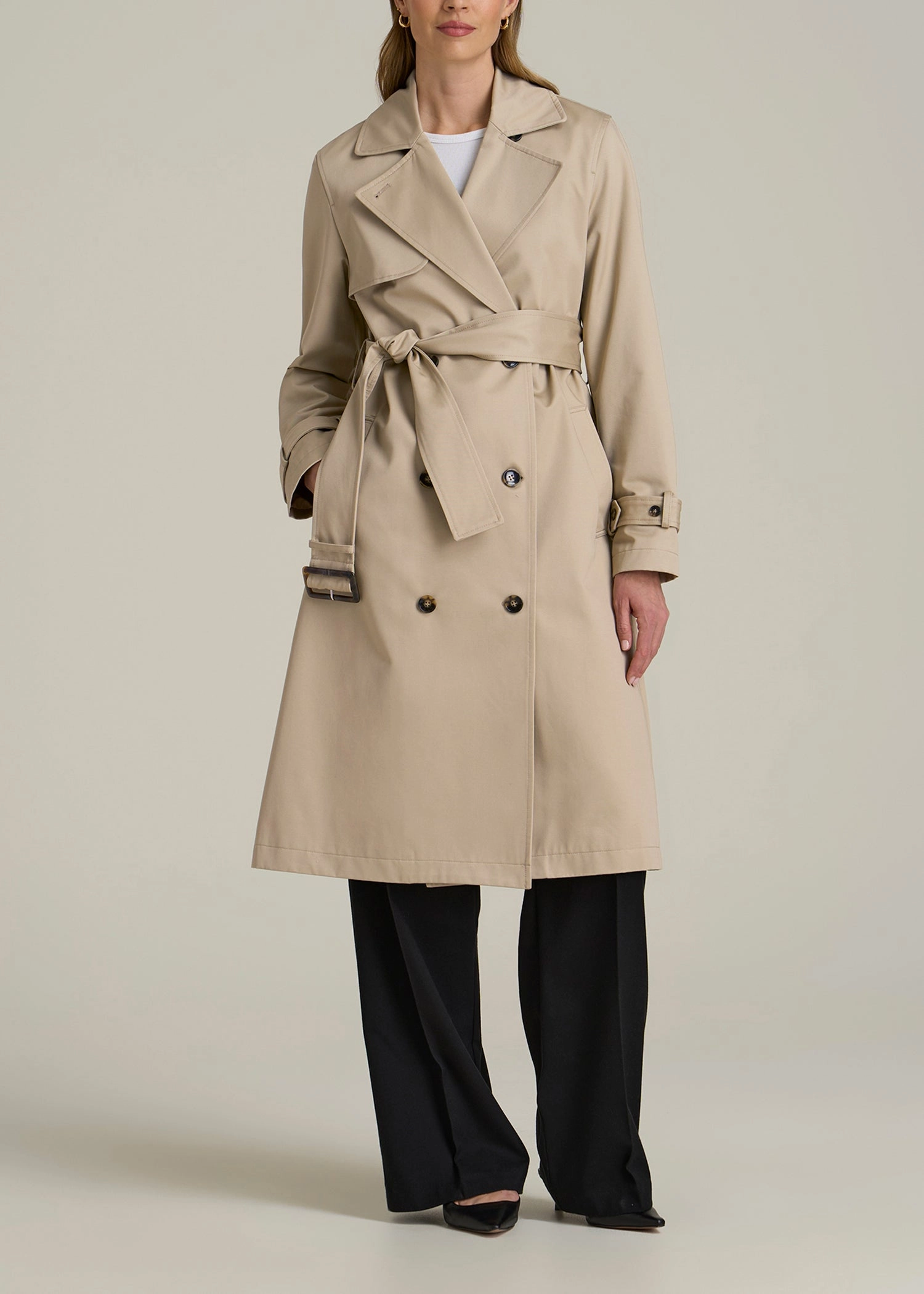 Trench Coat for Tall Women in Light Khaki Reinforced Shoulders
