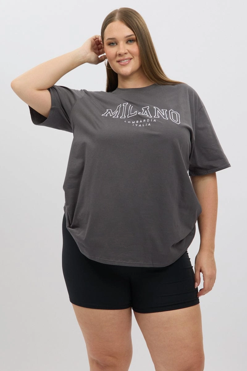 Layering Comfort Wear Grey Graphic T shirt Short Sleeve Crew Neck