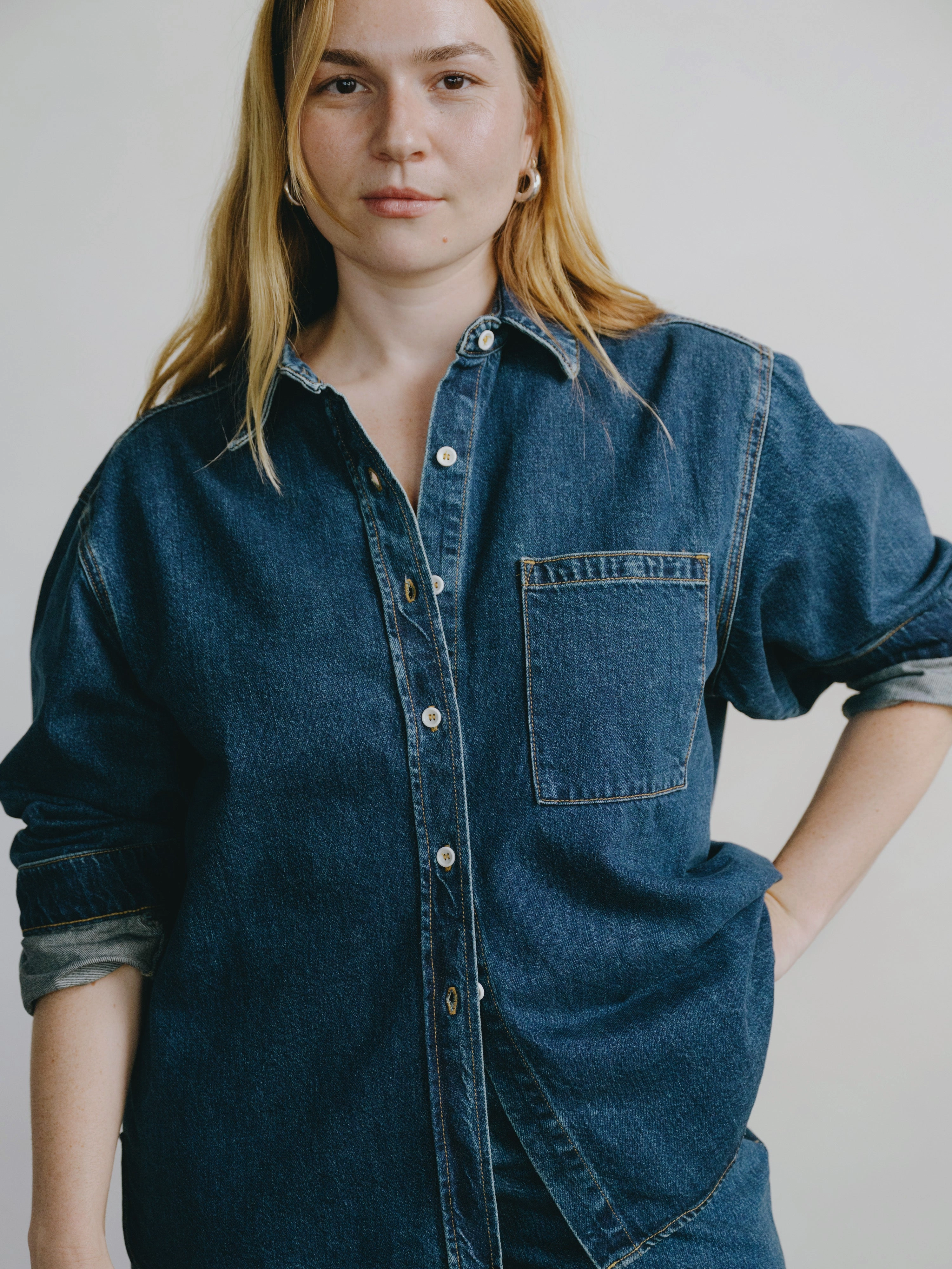 Denim Marcie Shirt, Tencel Denim, Vintage Dark Eco Dye Process Water Resistant Shell